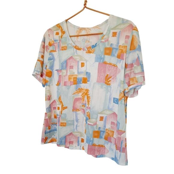 Vintage 70s Top Medium to Large Slinky Knit Pastel Tropical Print Short Sleeve - Picture 2 of 6